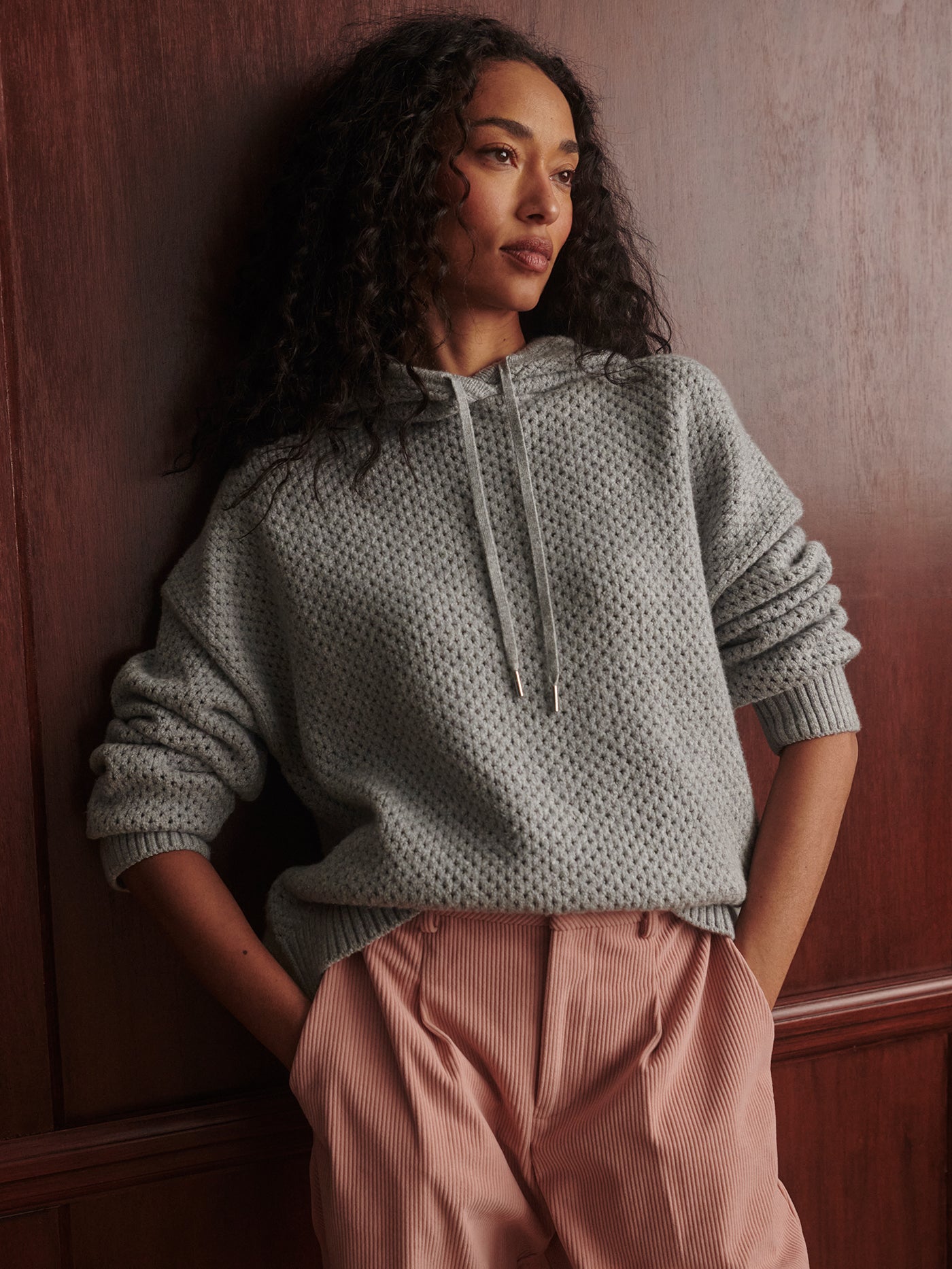 Varley Melchie Relaxed Knit Hoodie in Grey Marl