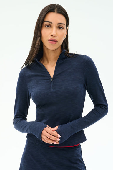 Splits59 Stevie Active Rib Half Zip Waist Length in Heather Indigo at Baseline Social