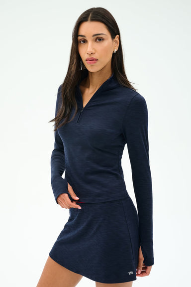 Splits59 Stevie Active Rib Half Zip Waist Length in Heather Indigo at Baseline Social