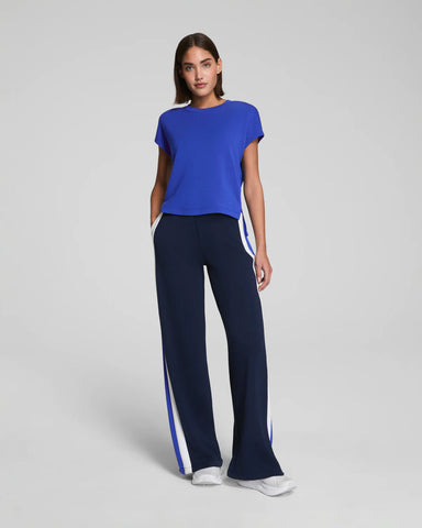 SPANX Colorblock Wide Leg Track Pant in Timeless Navy/Powder/Cerulean at Baseline Social