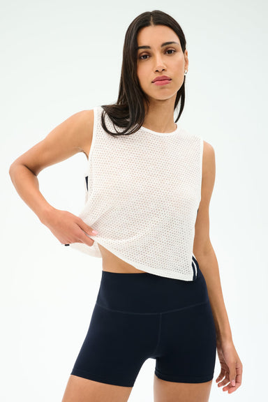 Splits59 Logan Mesh Tank With Stripe in White/Indigo at Baseline Social