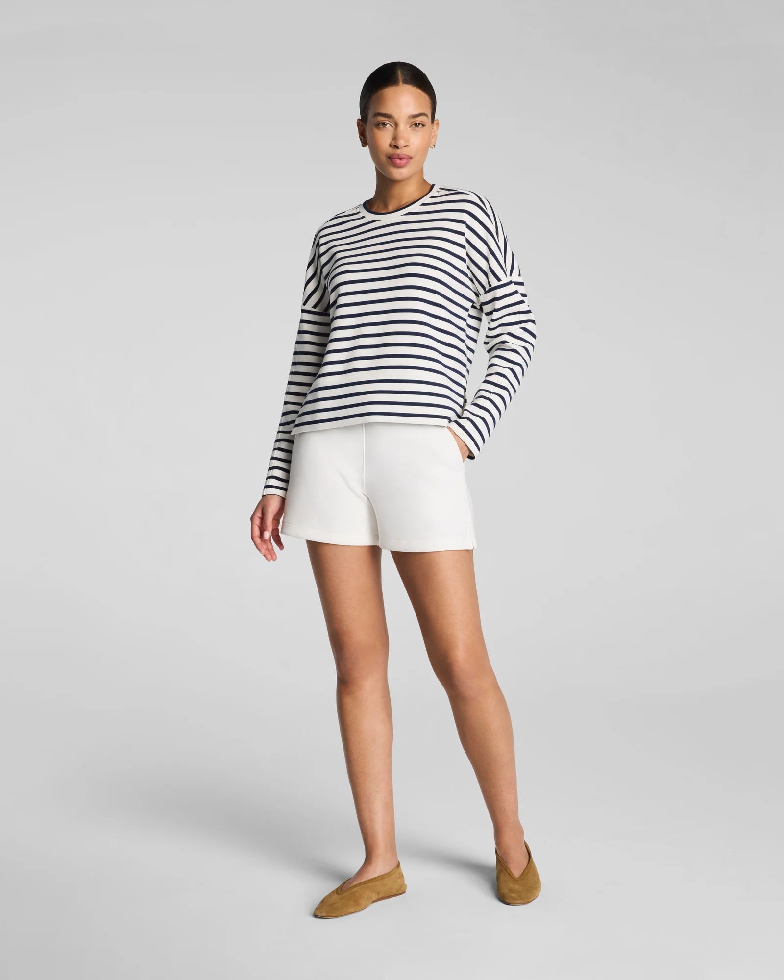 SPANX AirEssentials Crewneck Long Sleeve in Navy Stripes at Baseline Social