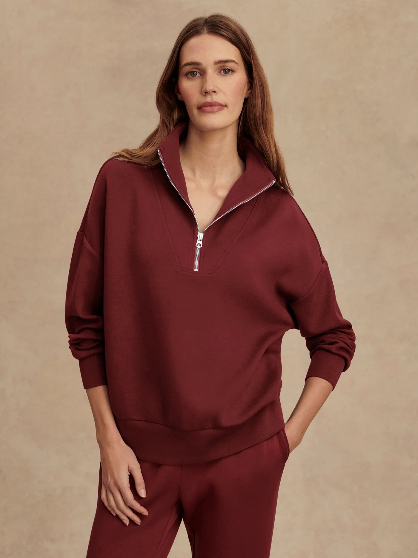 Varley Hawley Half Zip Sweat in New Maroon at Baseline Social
