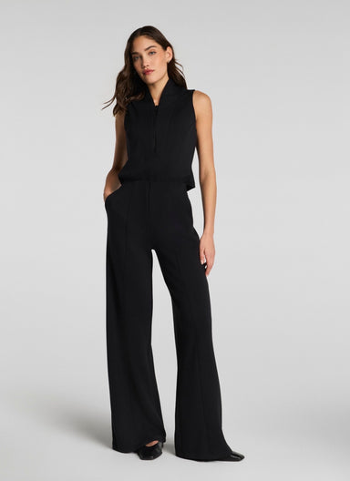 SPANX AirEssentials Shawl Collar Half Zip Jumpsuit in Very Black at Baseline Social