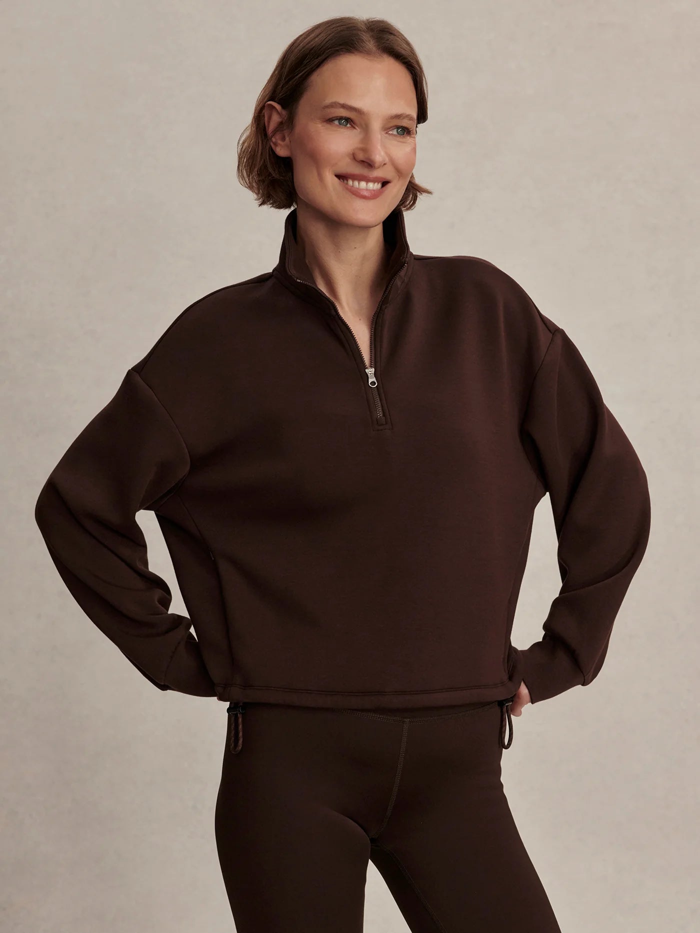 Varley Sian Cropped Half Zip Sweat in Coffee Bean at Baseline Social