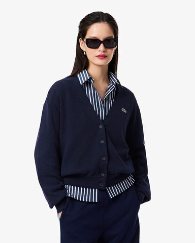 Lacoste V-Neck Moss Stitch Cotton Cardigan in Navy Blue at Baseline Social