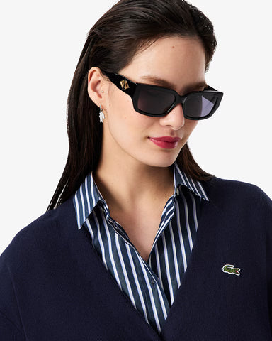 Lacoste V-Neck Moss Stitch Cotton Cardigan in Navy Blue at Baseline Social