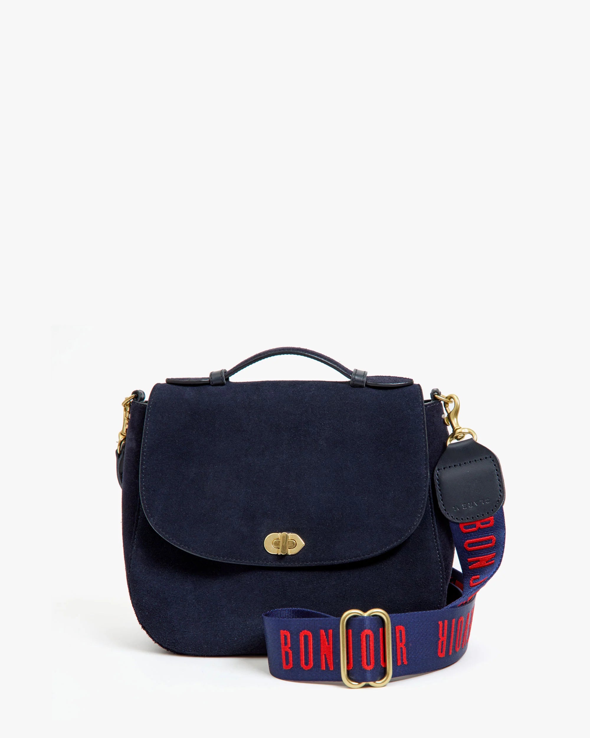 Clare V. Adjustable Crossbody Strap in Navy/Poppy Bonjour Au Revoir at Baseline Social