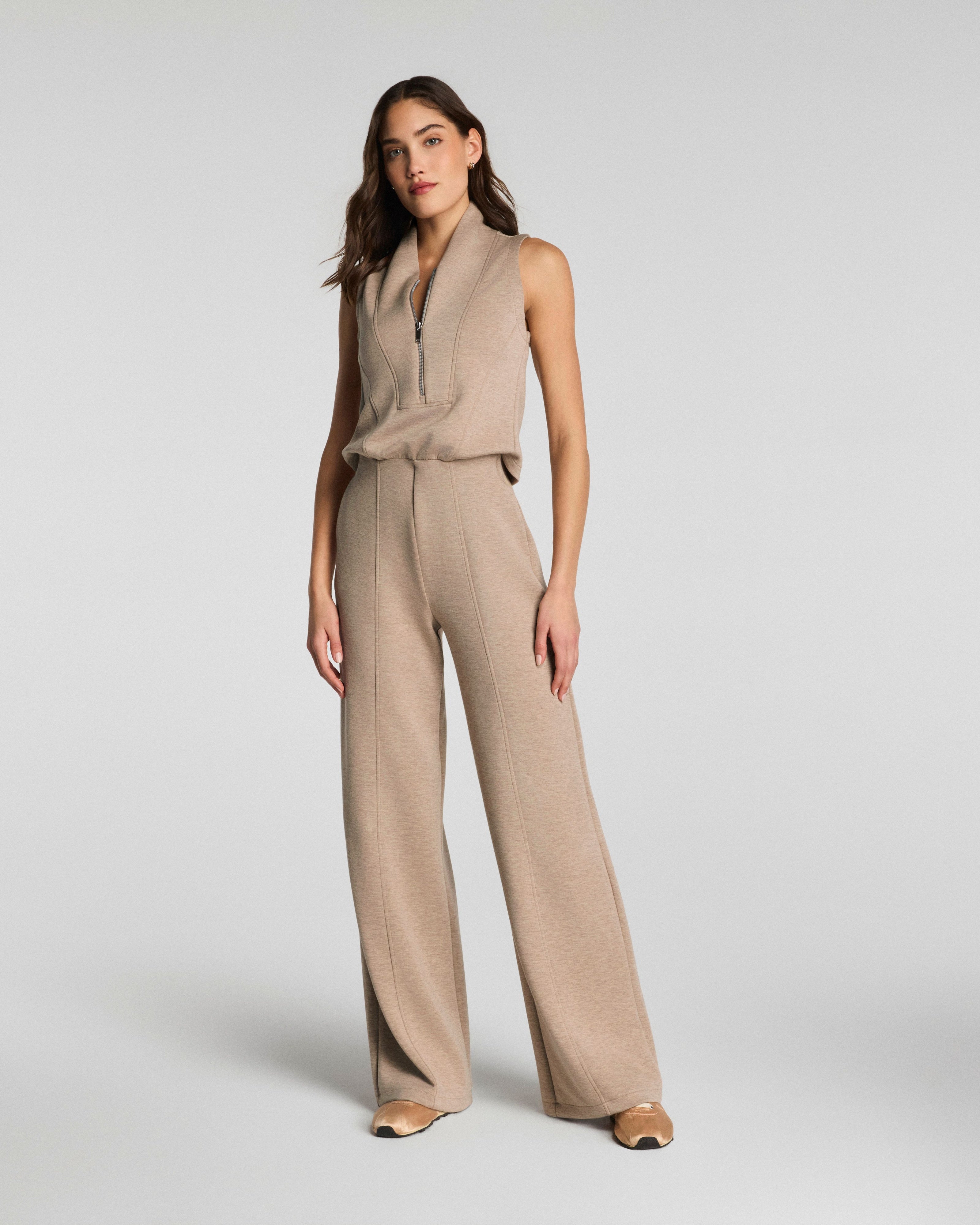 SPANX AirEssentials Shawl Collar Half Zip Jumpsuit in Dune Heather at Baseline Social