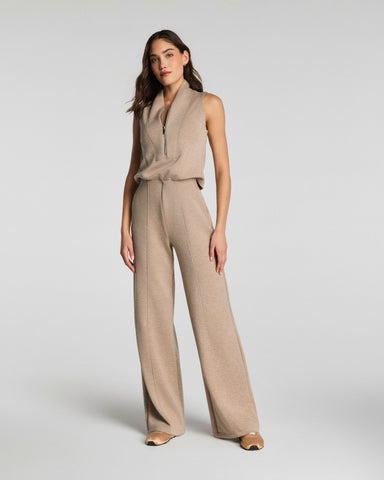 SPANX AirEssentials Shawl Collar Half Zip Jumpsuit in Dune Heather at Baseline Social
