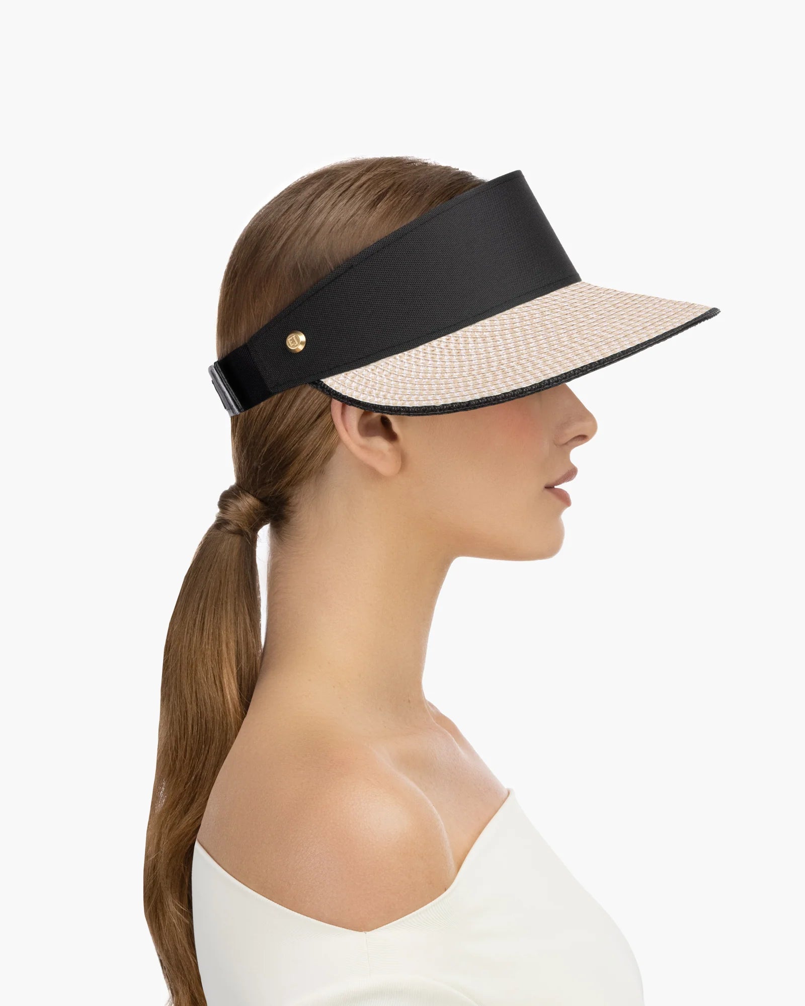 Eric Javits Champ Straw Visor in Cream/Black at Baseline Social