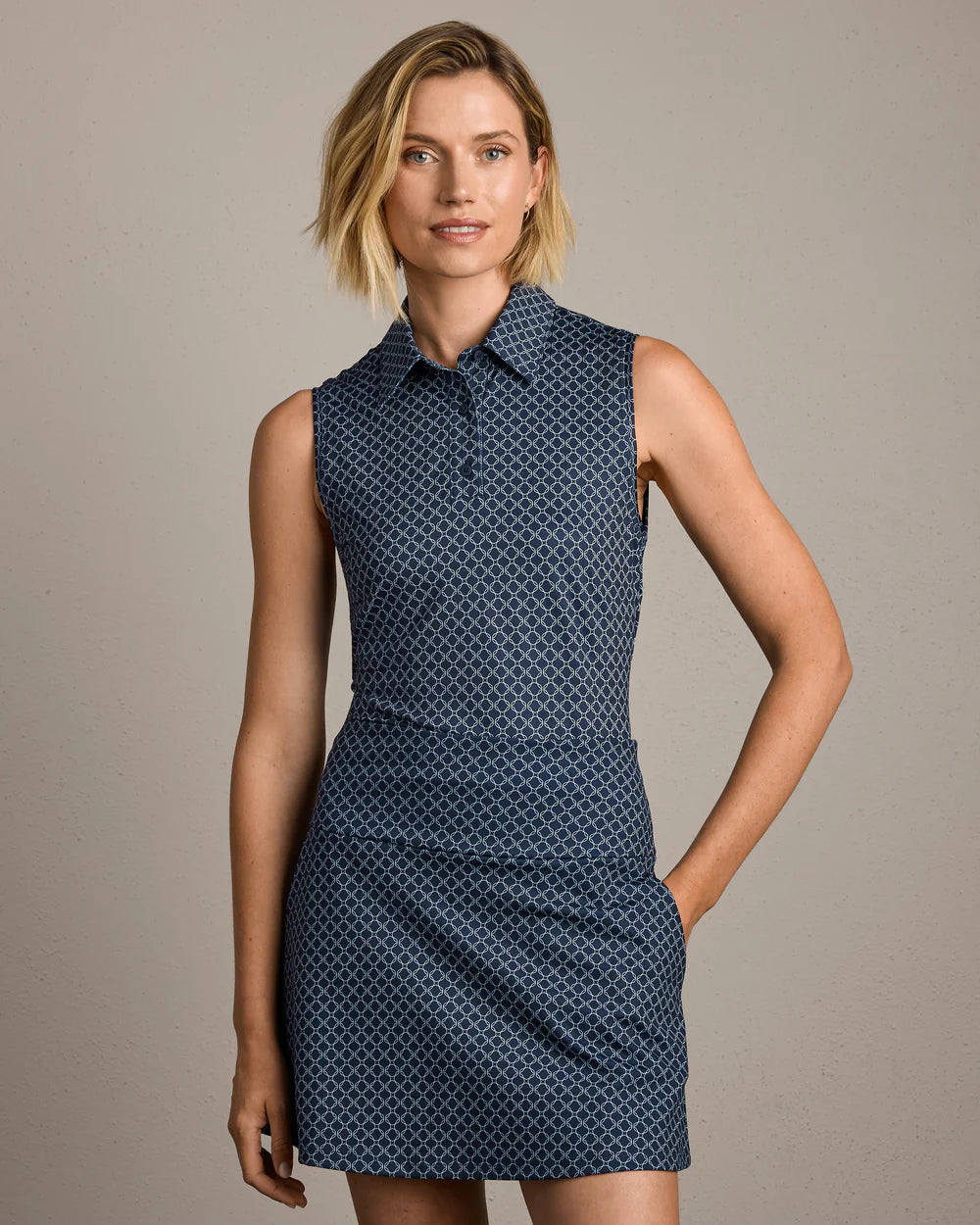 Rhone Course to Court Sleeveless Polo in Navy Blue Links at Baseline Social