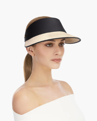 Eric Javits Champ Straw Visor in Cream/Black at Baseline Social