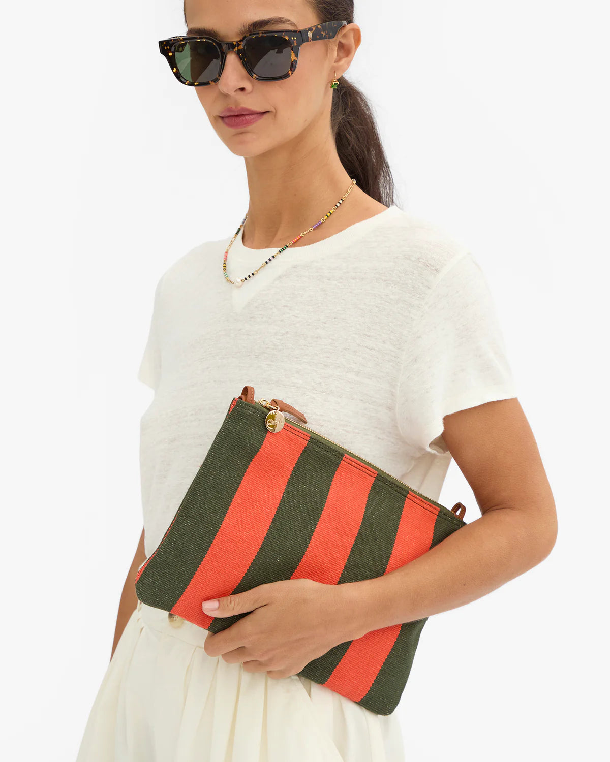 Clare V. Flat Clutch w/ Tabs in Army/Bright Poppy Canvas Stripe at Baseline Social