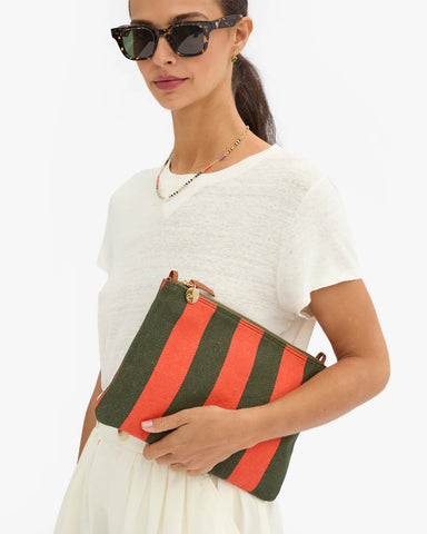 Clare V. Flat Clutch w/ Tabs in Army/Bright Poppy Canvas Stripe at Baseline Social