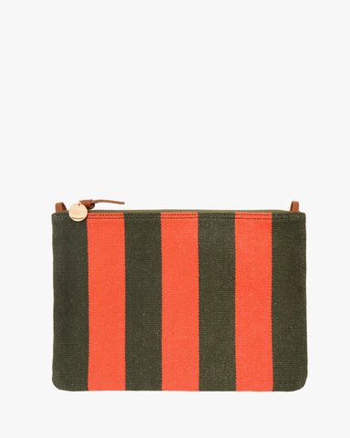 Clare V. Flat Clutch w/ Tabs in Army/Bright Poppy Canvas Stripe at Baseline Social