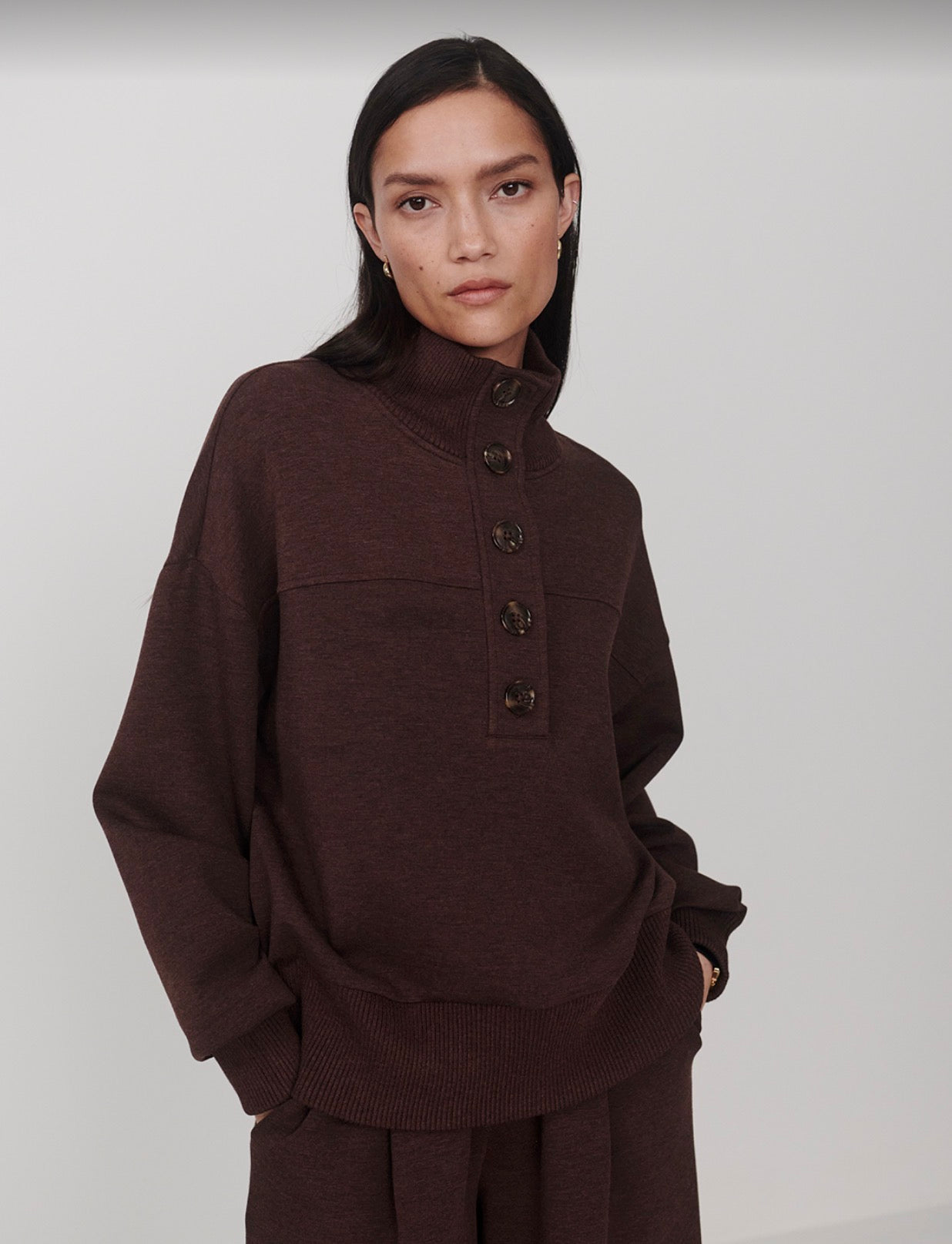 Bronya Button Placket Sweat in Coffee Bean Marl