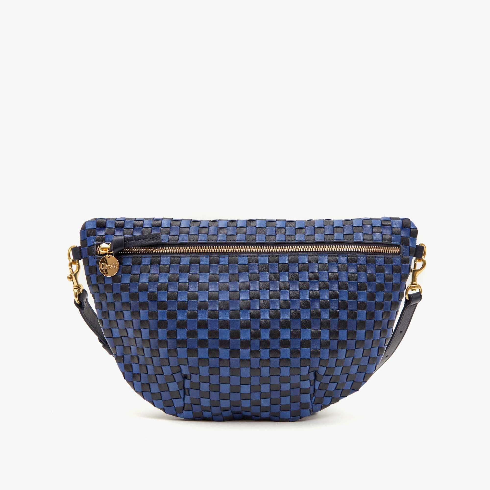 Clare V. Grande Fanny in Dark Blue Woven Checker