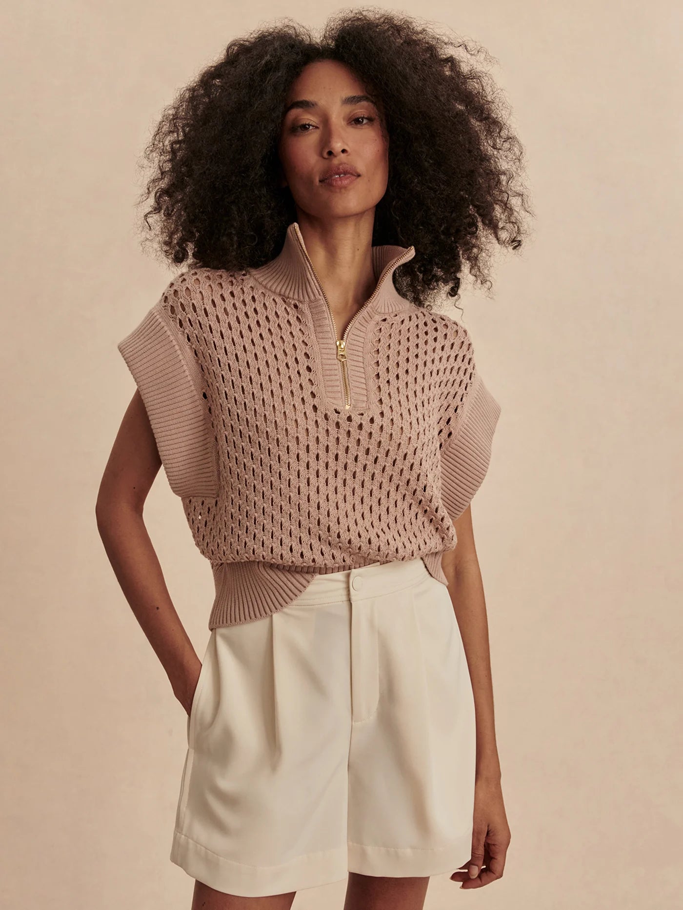 Varley Gaines Half-Zip Knit in Light Taupe at Baseline Social