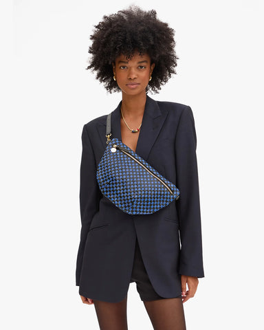 Clare V. Grande Fanny in Black/Cobalt Woven Checker at Baseline Social