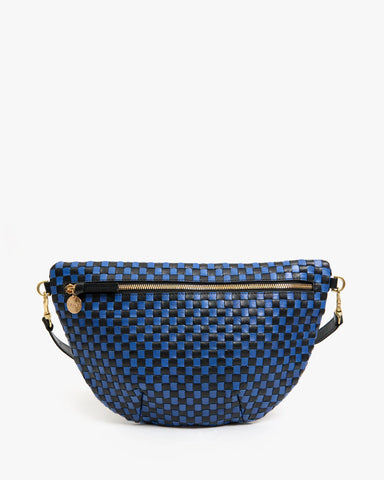 Clare V. Grande Fanny in Black/Cobalt Woven Checker at Baseline Social
