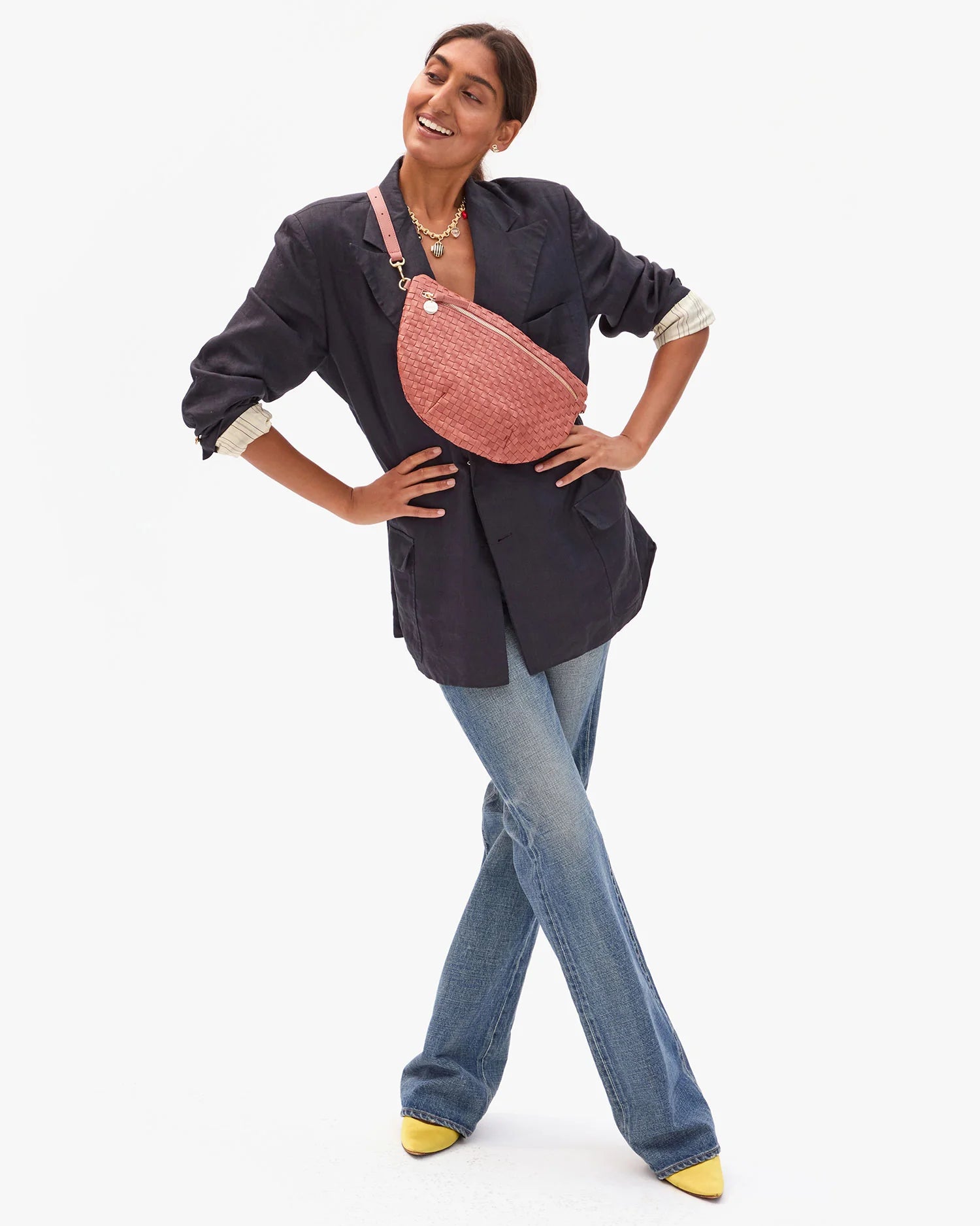 Clare V. Grande Fanny in Rose Clay Woven Checker at Baseline Social