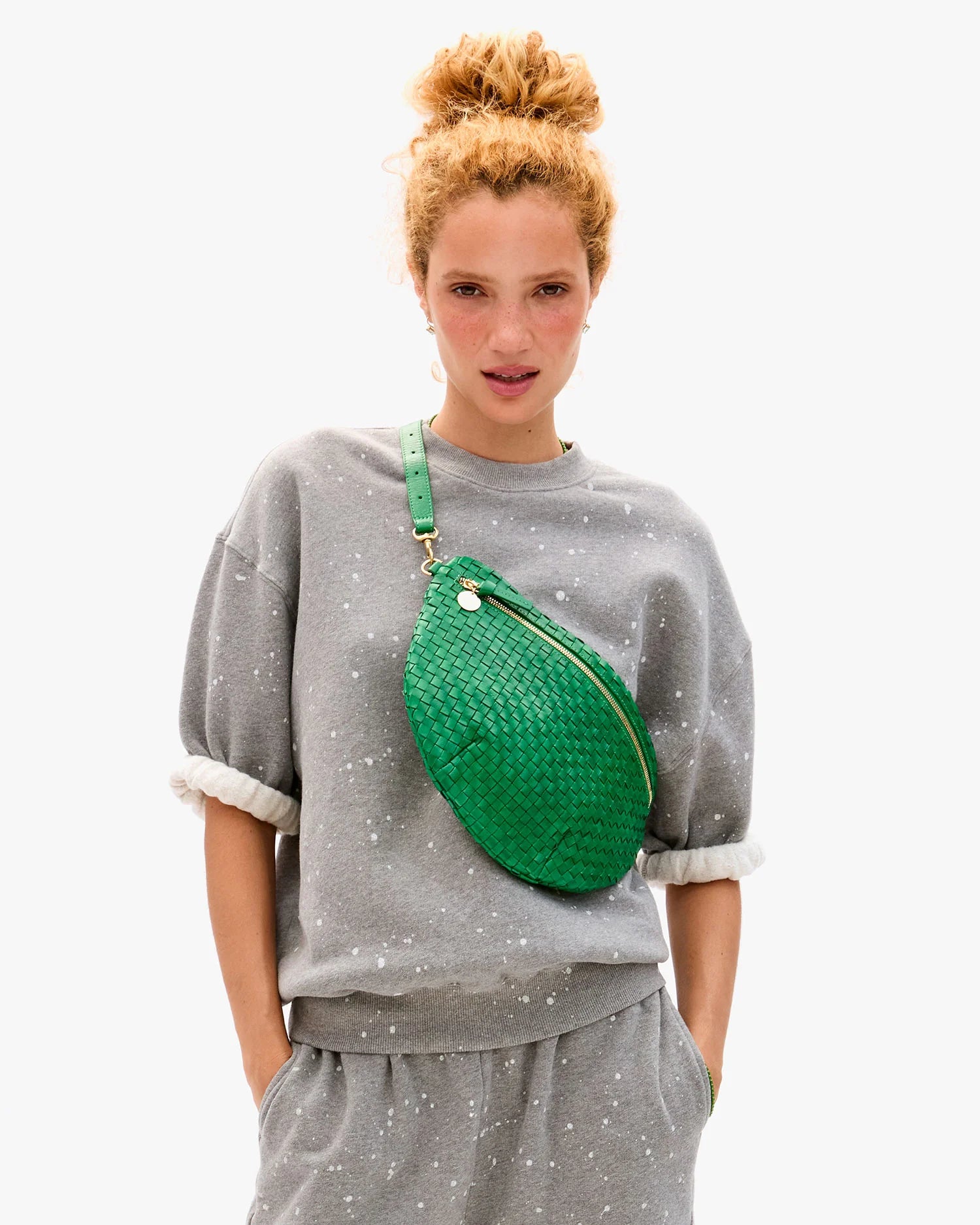 Clare V. Grande Fanny in Grass Woven Checker at Baseline Social