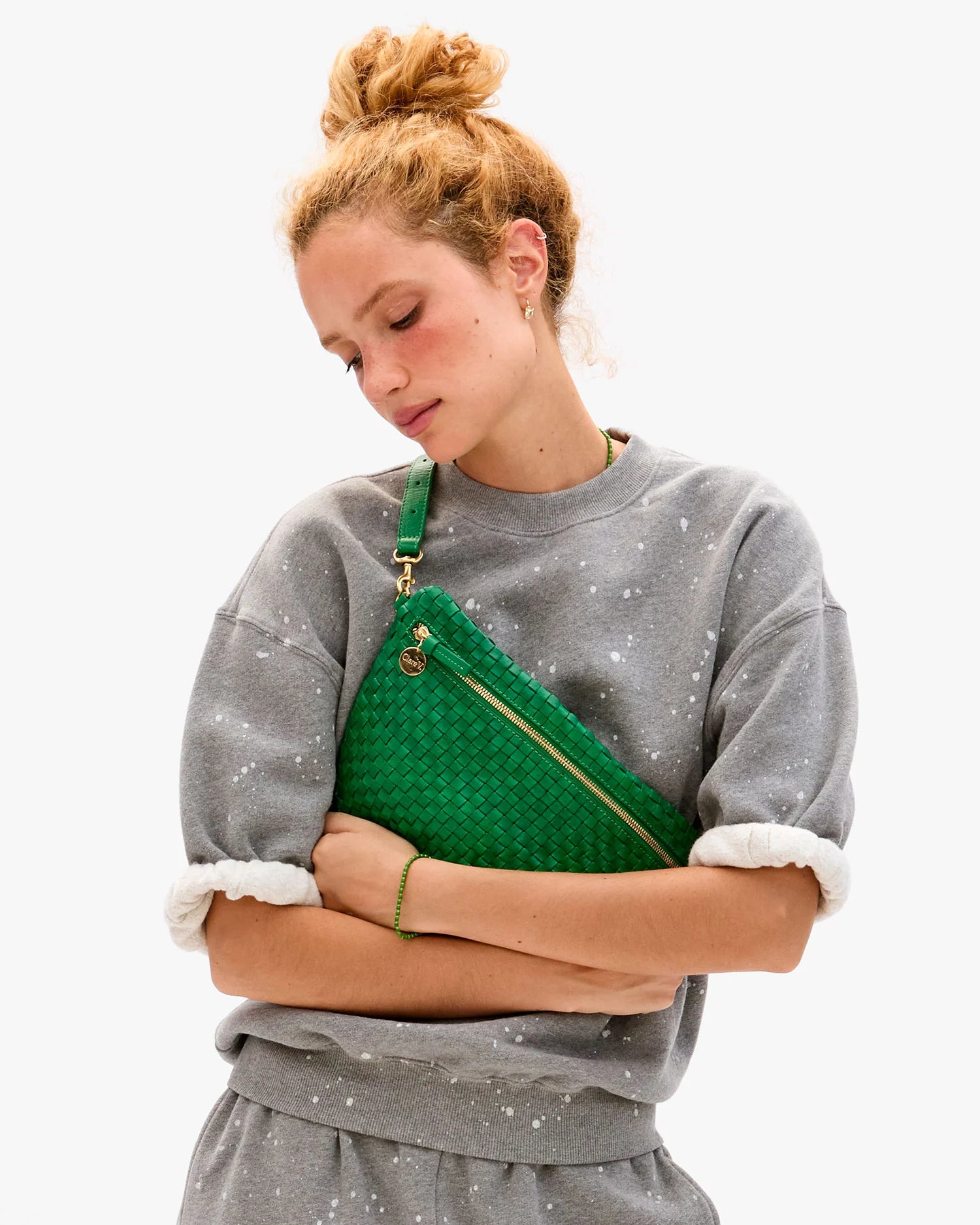Clare V. Grande Fanny in Grass Woven Checker at Baseline Social