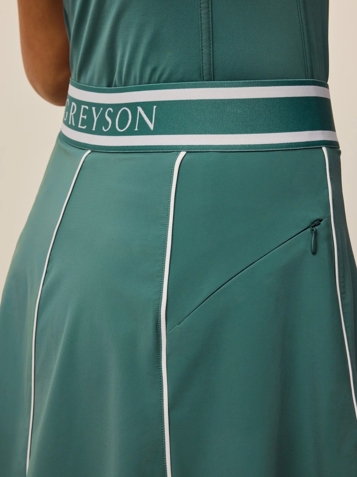 Greyson Phoenix Luxe Flare Skirt in Marsh Green at Baseline Social