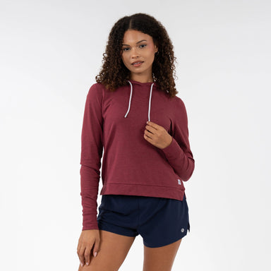 Rhoback Tempo Performance Hoodie in Red Card Red/Merlot Heather at Baseline Social