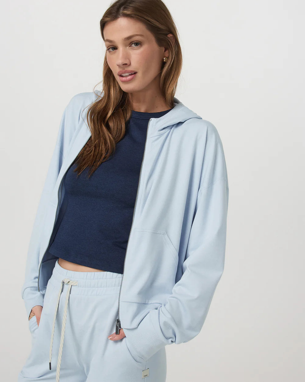 Vuori Halo Modern Full Zip Hoodie in Soft Sky Heather at Baseline Social