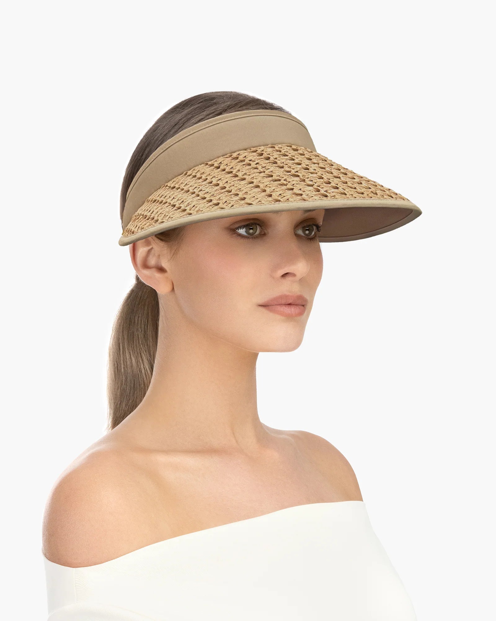 Eric Javits Kokomo Straw Visor in Natural at Baseline Social