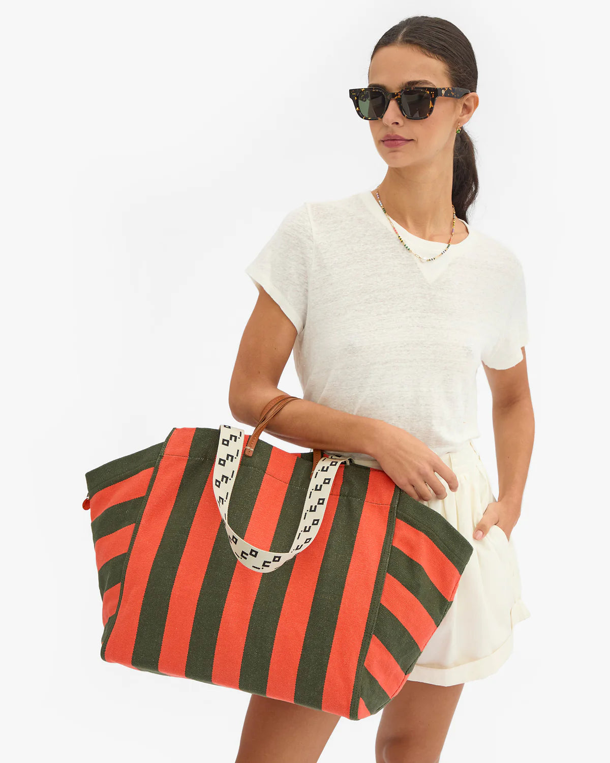 Clare V. La Côte Tote in Army/Bright Poppy Canvas Stripe at Baseline Social