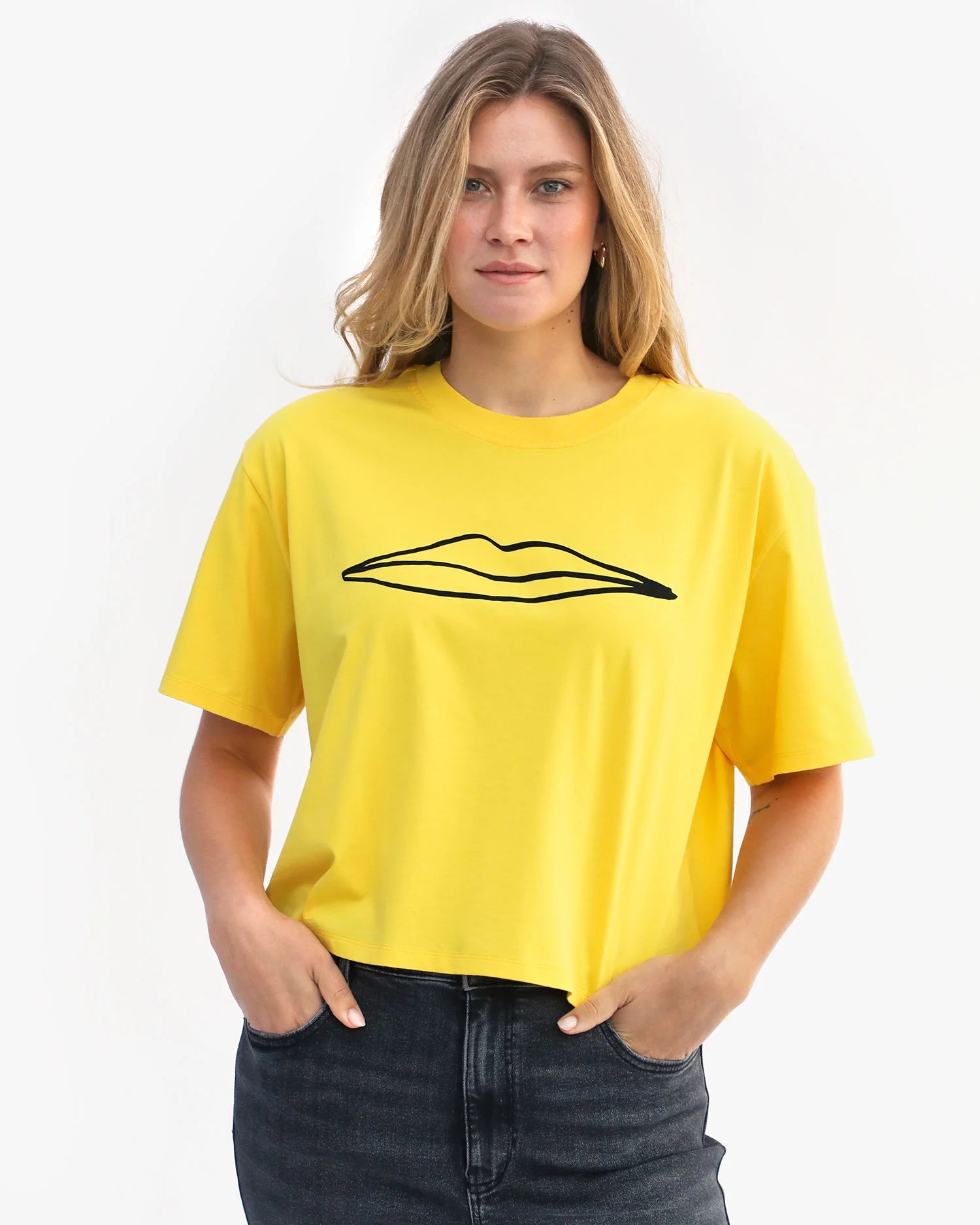 Clare V. Le Carré Tee in Bright Yellow Surrealisme Lips at Baseline Social