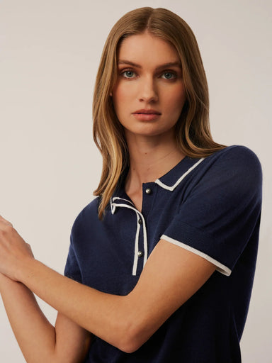 Greyson Leith Merino Script Short Sleeve Sweater in Maltese Blue at Baseline Social