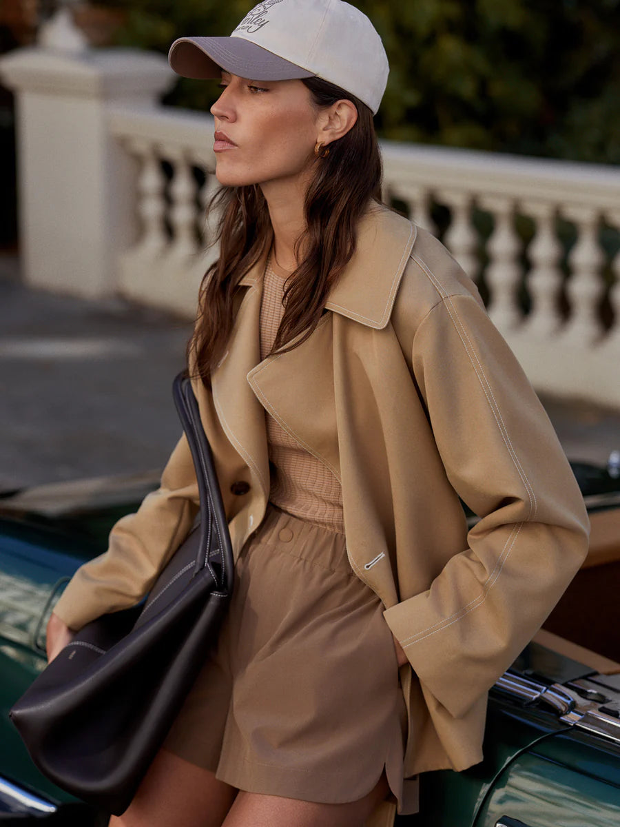 Varley Maddox Short Trench in Light Tan at Baseline Social