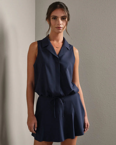 Rhone Mirage Sleeveless Notch Collar Blouse in Navy Blue at Baseline Social