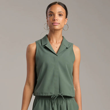 Mirage Sleeveless Notch Collar Blouse in Olive Shadow - Baseline Social