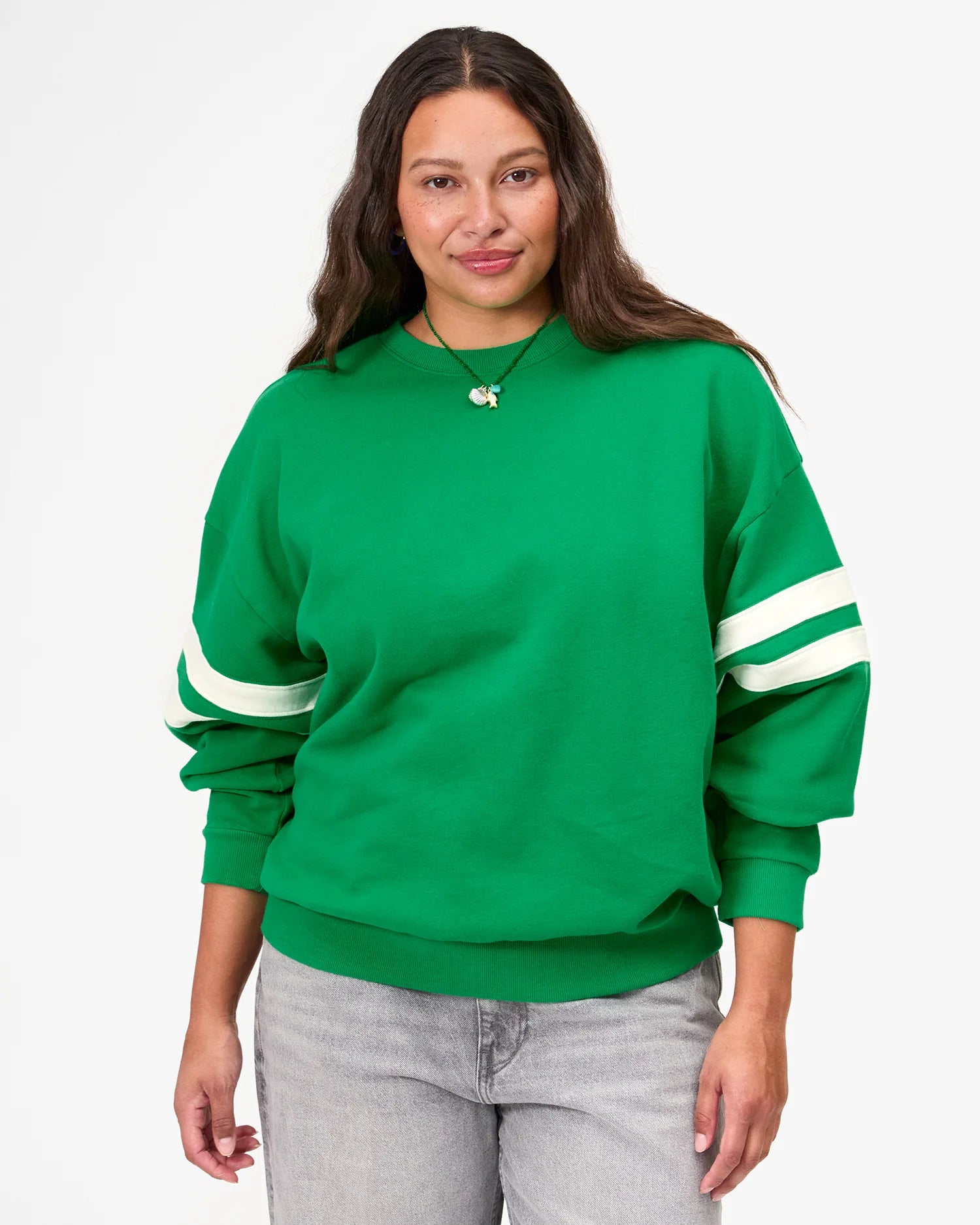 Clare V. Oversized Varsity Sweatshirt in Green at Baseline Social