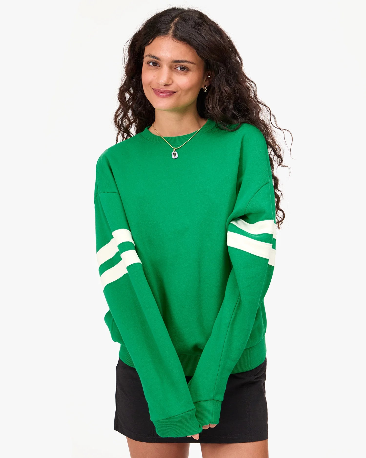 Clare V. Oversized Varsity Sweatshirt in Green at Baseline Social