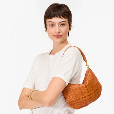 Clare V. Petite Moyen Messenger in Natural Woven Checker