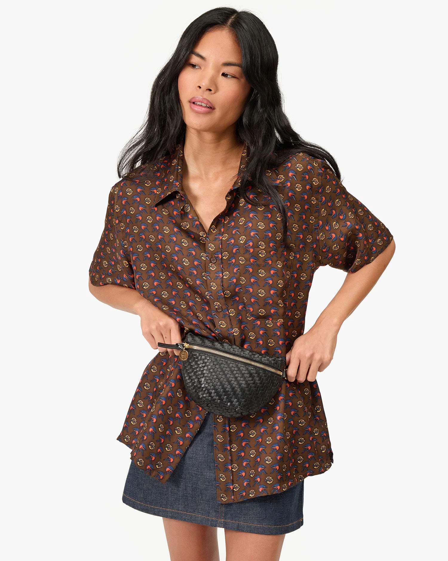 Clare V. Petite Fanny in Black Woven Zig-Zag at Baseline Social