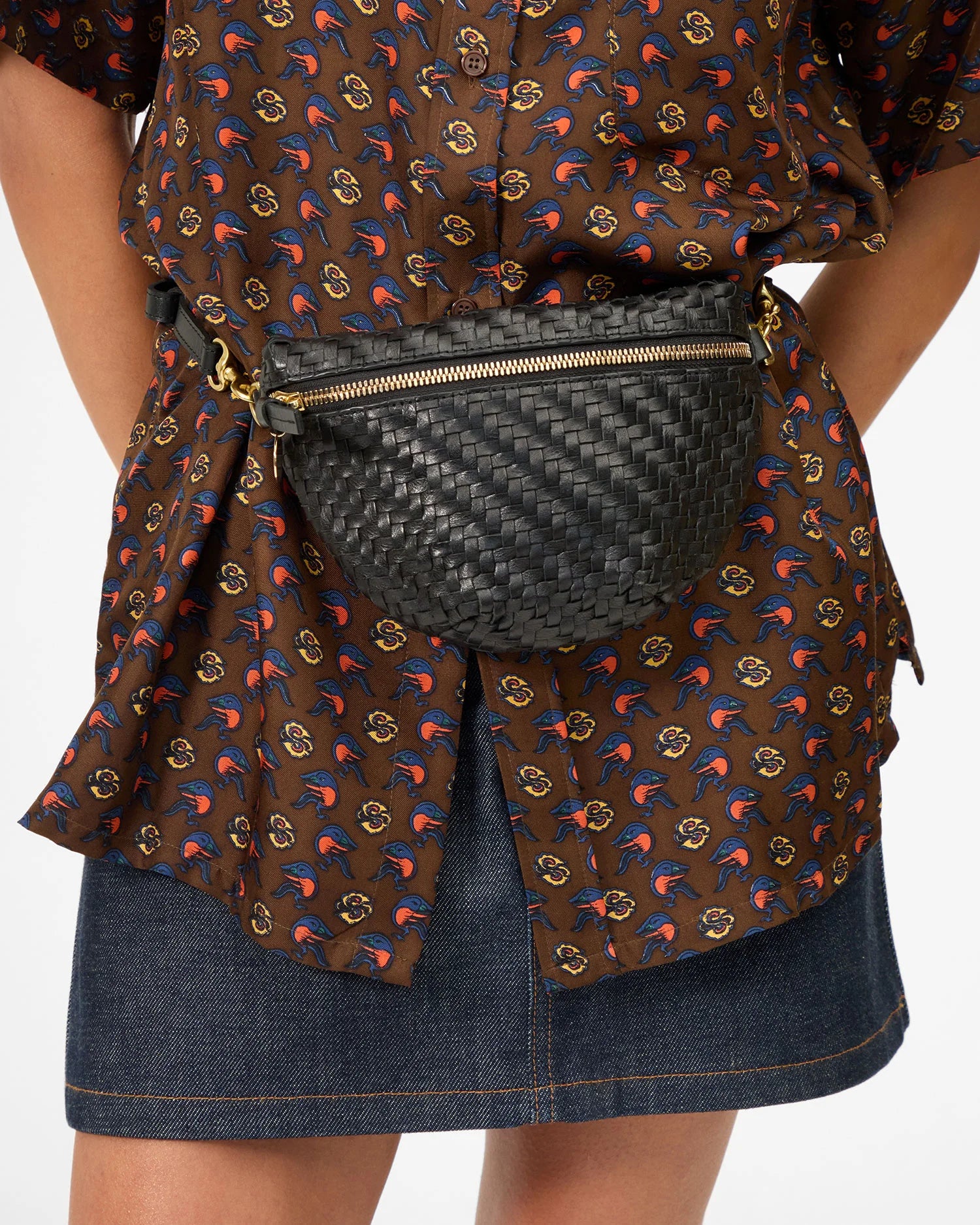Clare V. Petite Fanny in Black Woven Zig-Zag at Baseline Social