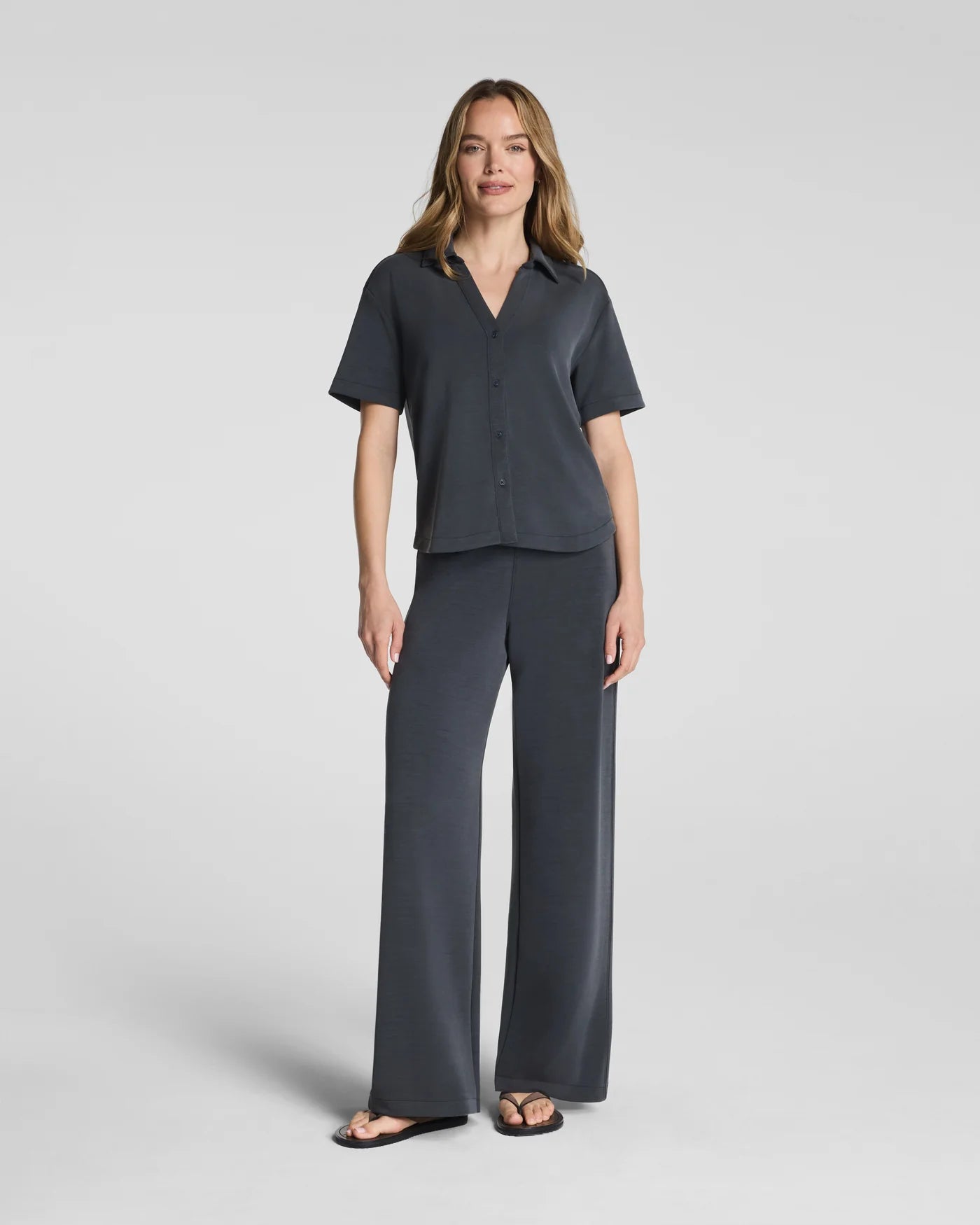 Spanx AirEssentials Button Down in Washed Graphite at Baseline Social