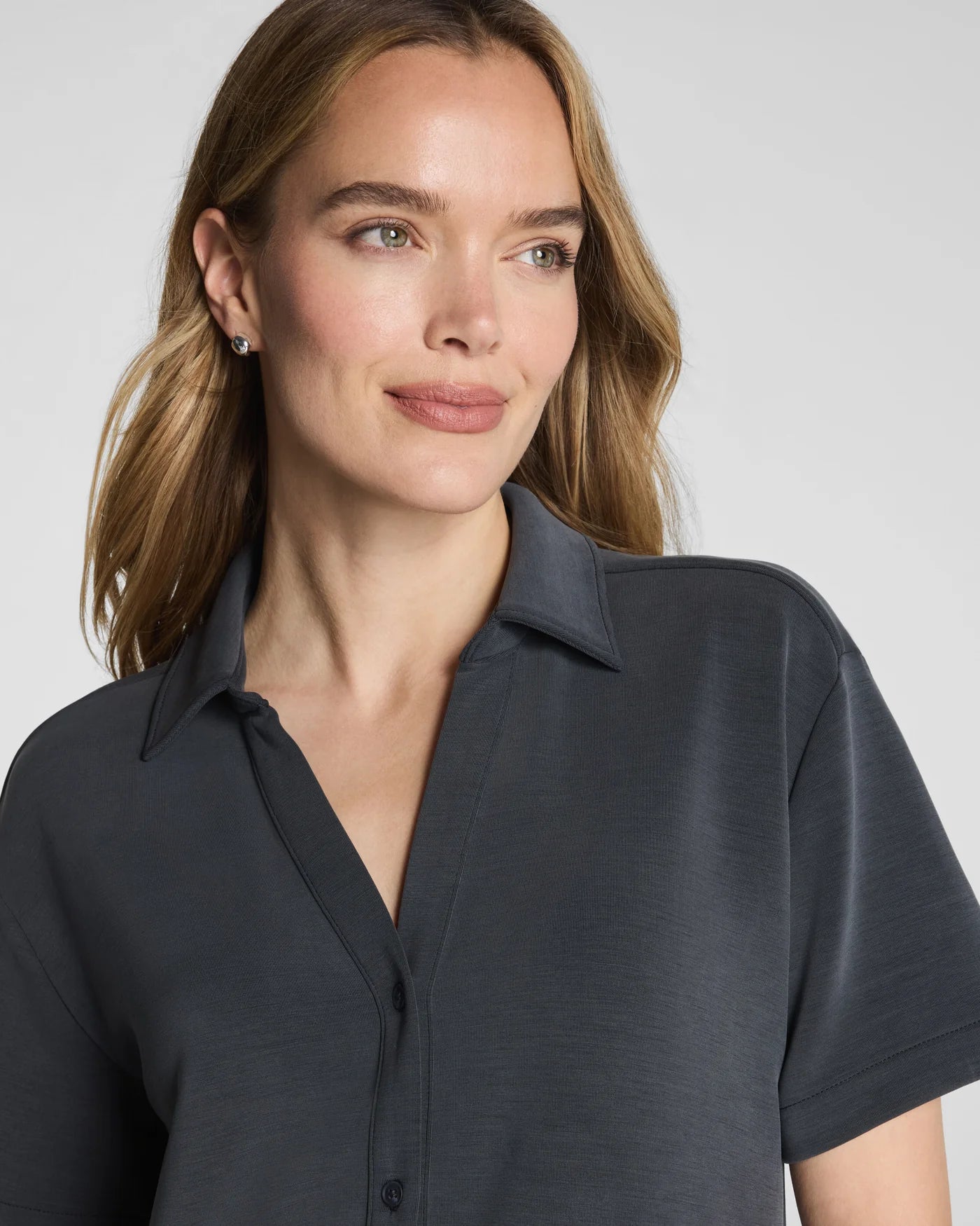 Spanx AirEssentials Button Down in Washed Graphite at Baseline Social