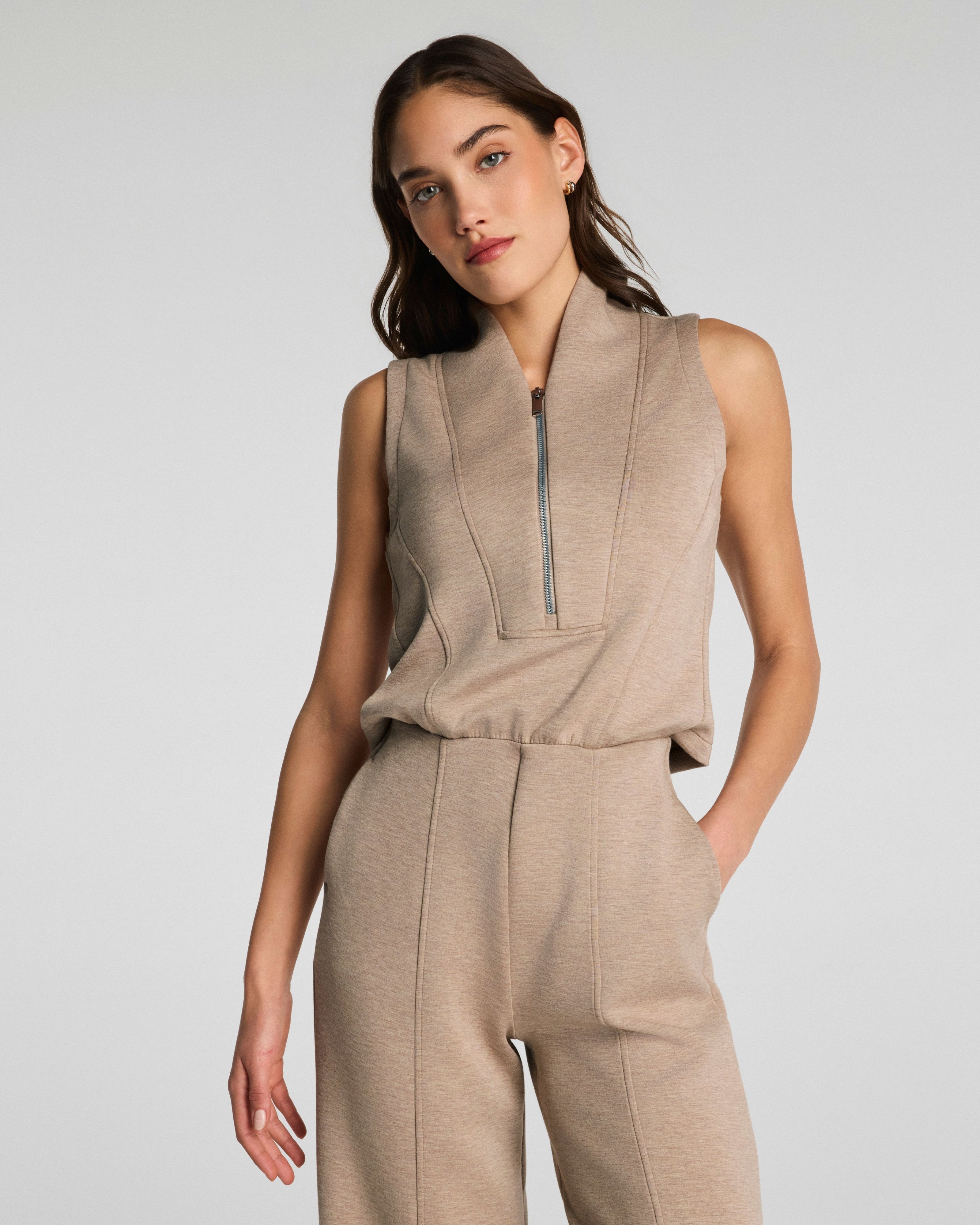 SPANX AirEssentials Shawl Collar Half Zip Jumpsuit in Dune Heather at Baseline Social