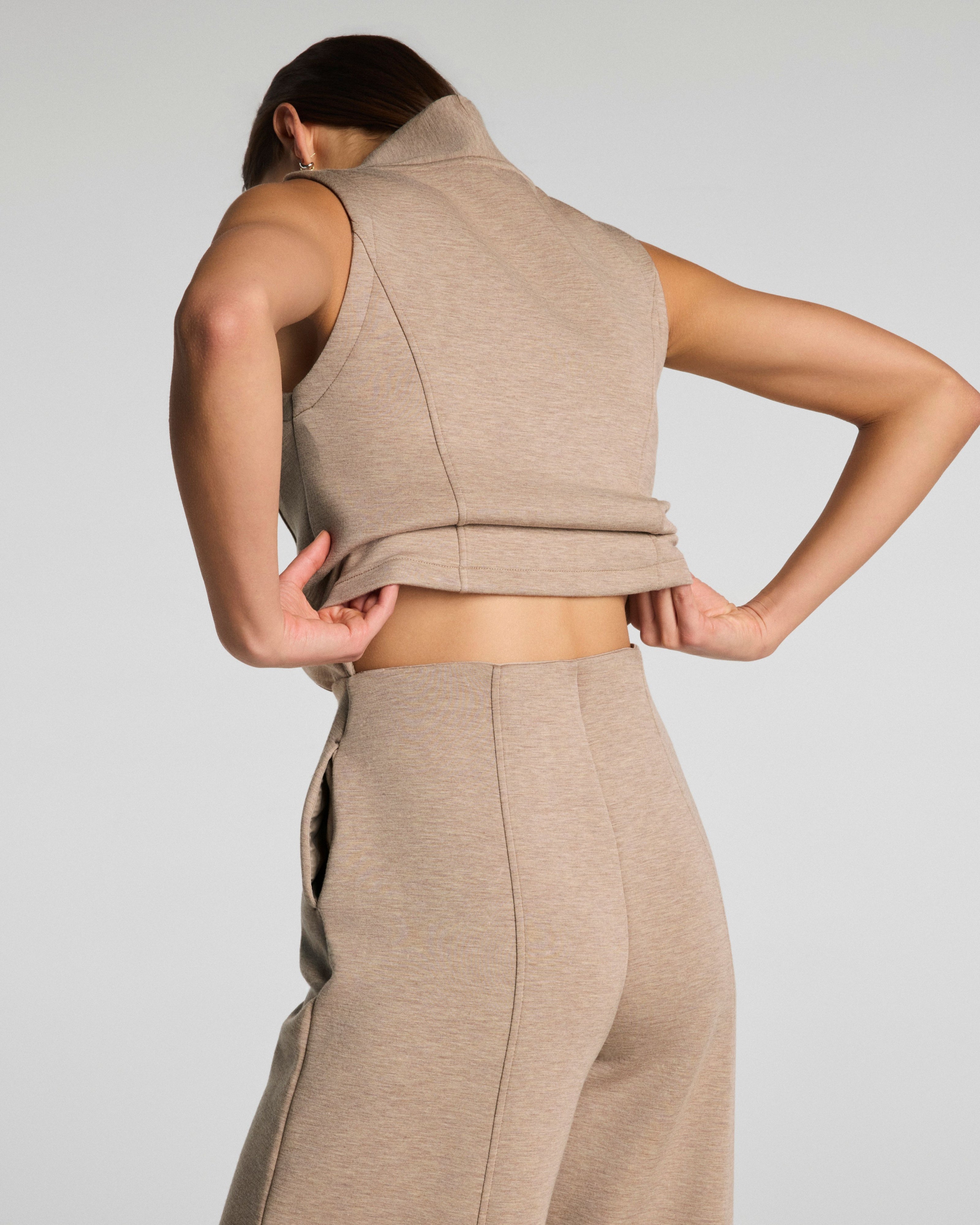 SPANX AirEssentials Shawl Collar Half Zip Jumpsuit in Dune Heather at Baseline Social