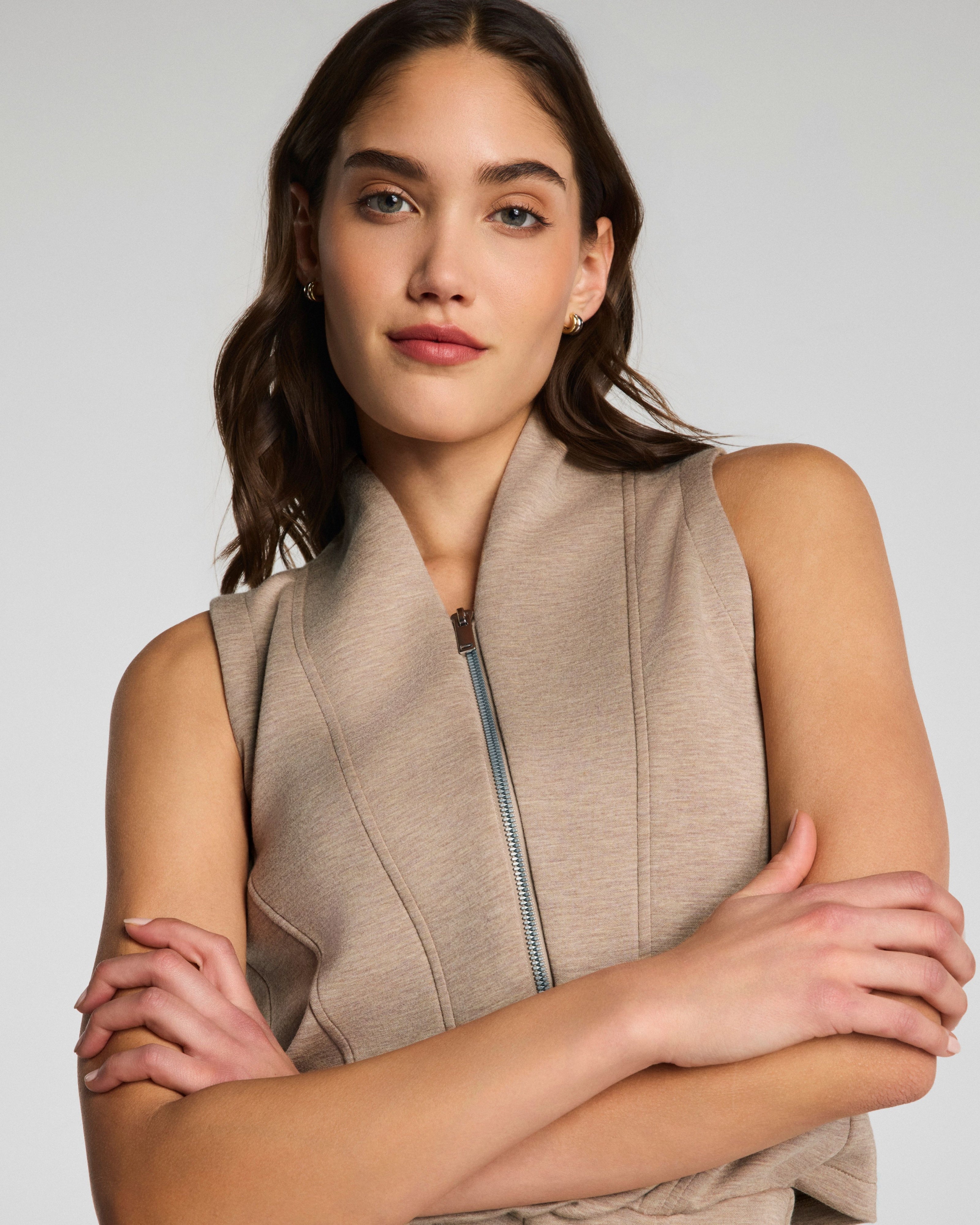 SPANX AirEssentials Shawl Collar Half Zip Jumpsuit in Dune Heather at Baseline Social