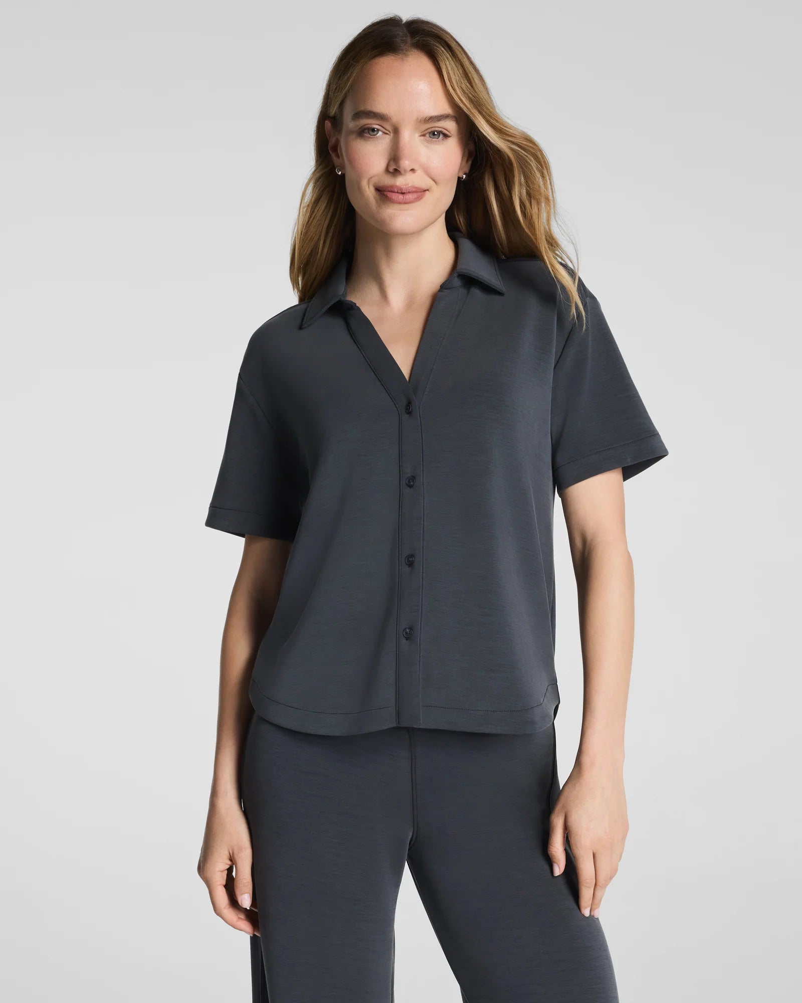 Spanx AirEssentials Button Down in Washed Graphite at Baseline Social