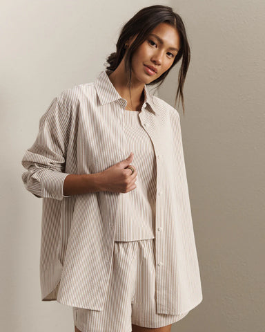 Rhone Saltair Button Up in Taupe Stripe at Baseline Social